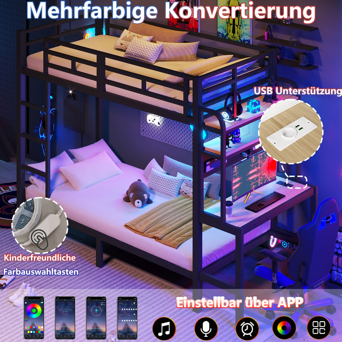 Bunk Bed 90x200 cm with Desk, Storage & LED Light, Black Iron Frame
