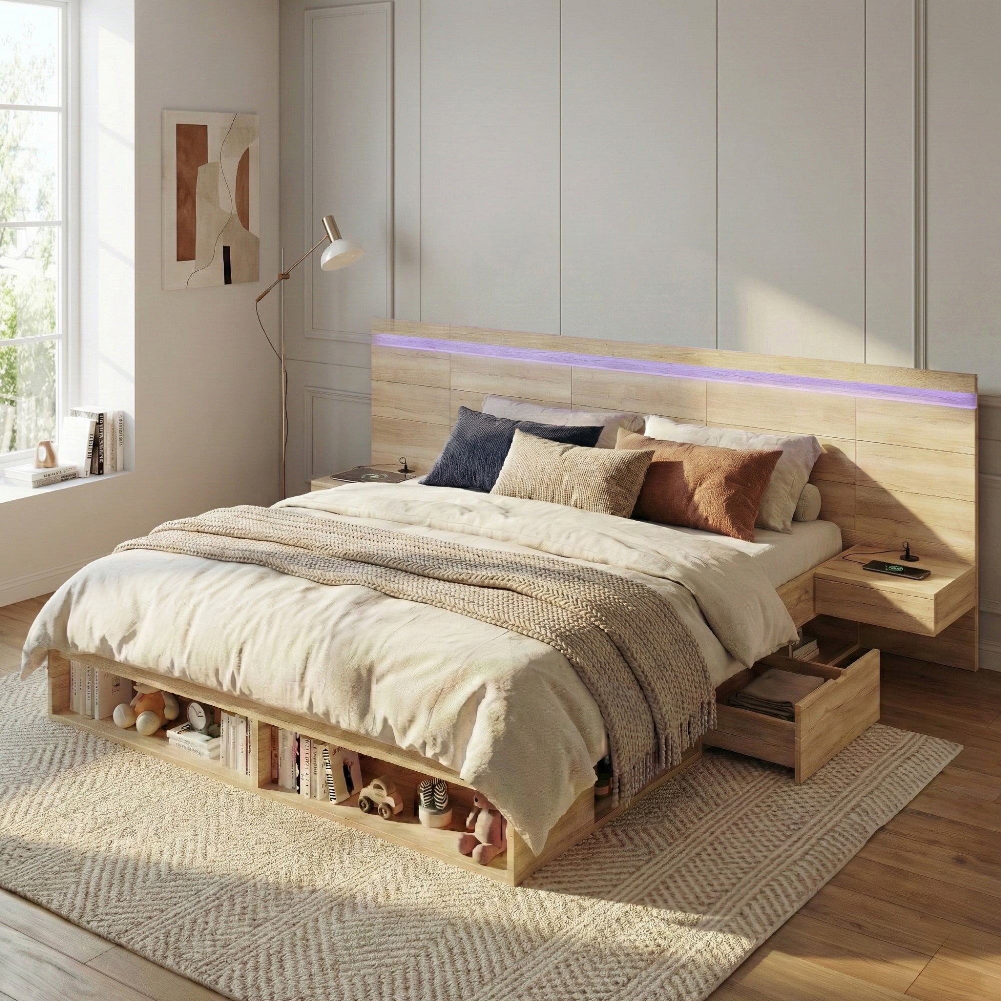 Double Bed 180x200cm Storage with LED, USB/Type-C, 2 Drawers & Bedside Tables Natural Wood