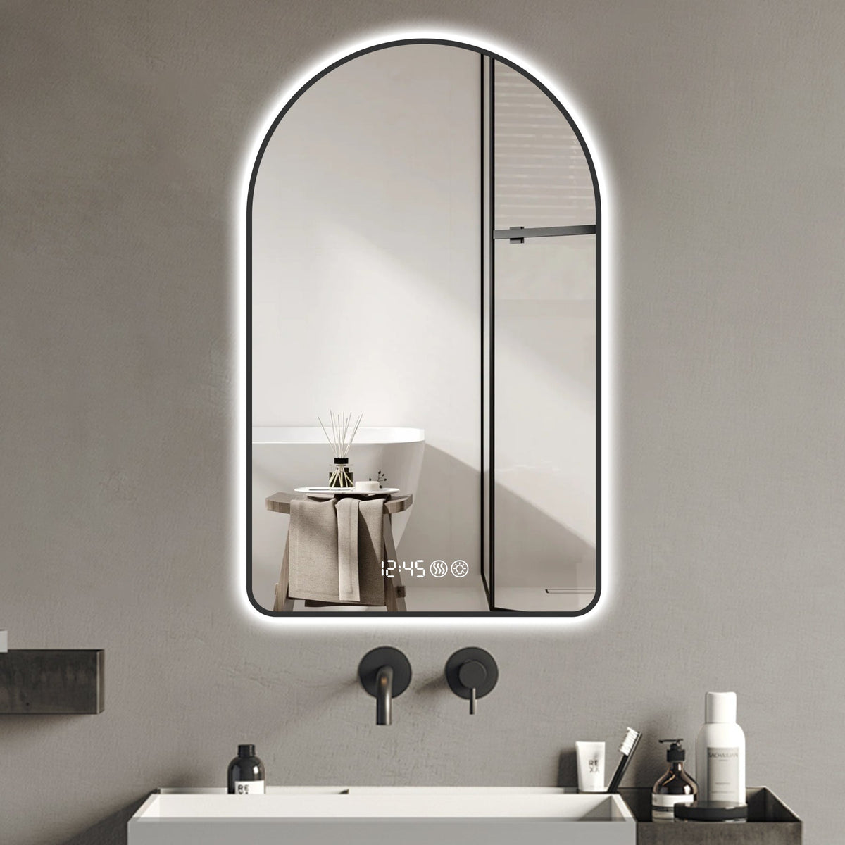 Arched LED Bathroom Mirror, 70x120cm, Anti-Fog, Dimmable, Time/Temp Display, Black Frame