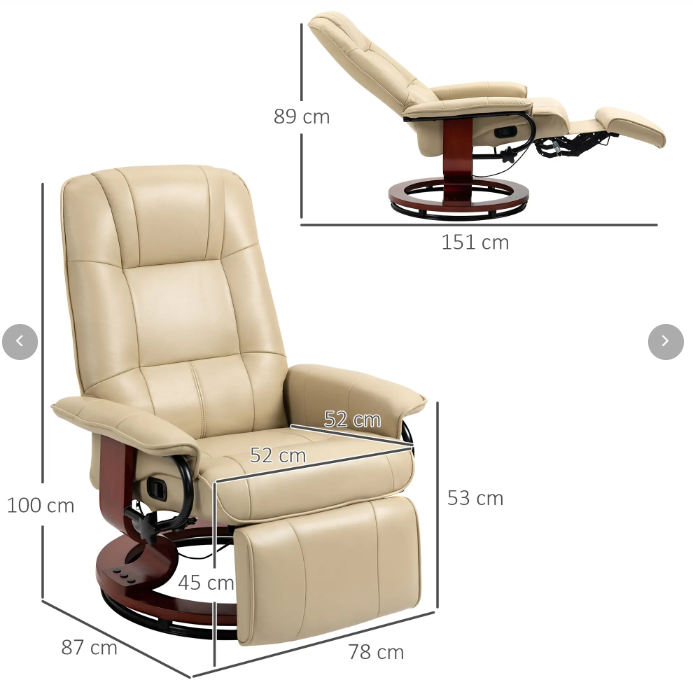Recliner Chair with Reclining, Footrest, Swivel, Faux Leather Cream White