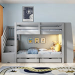 Kids Bunk Bed 90x200cm with Desk, LED & Drawers, Wooden Grey