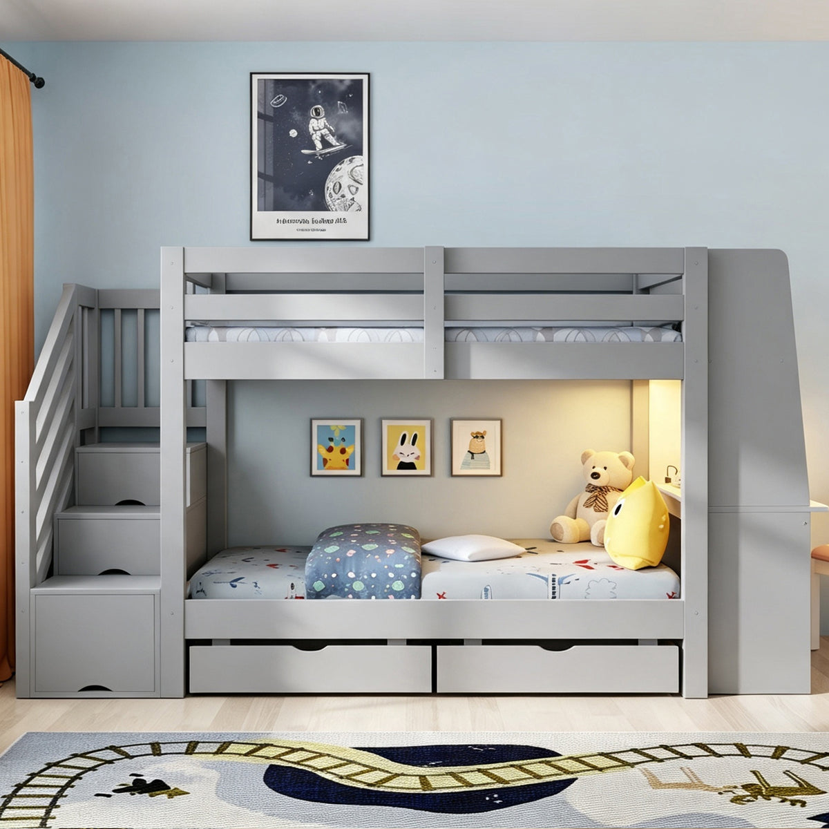 Kids Bunk Bed 90x200cm with Desk, LED & Drawers, Wooden Grey
