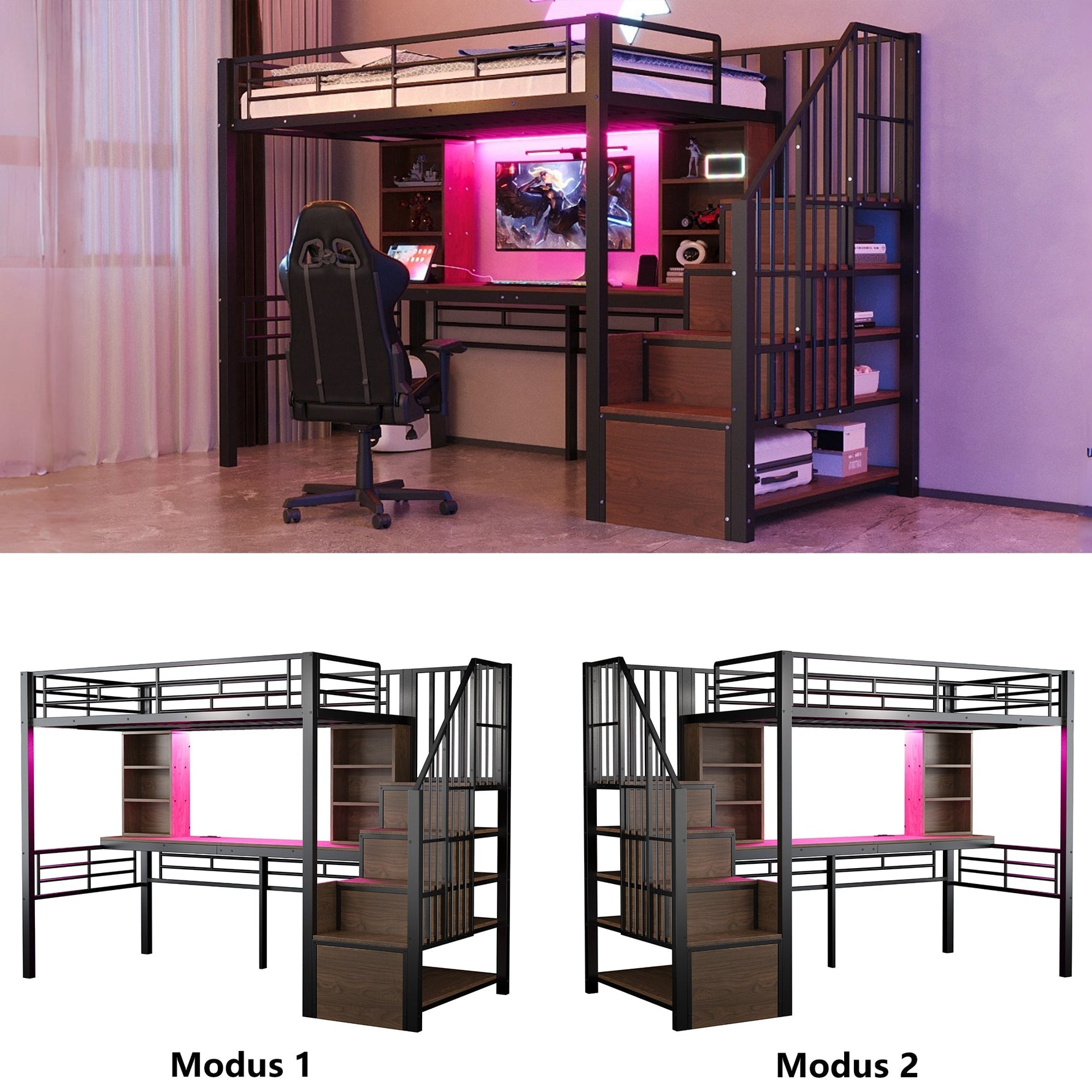 Loft Bed with Desk, Storage Stairs, LED and Socket, 90x200cm, Black Iron