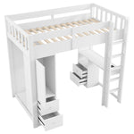 Loft Bed with Desk, Wardrobe, 4 Drawers, LED and USB, 90x200cm, White