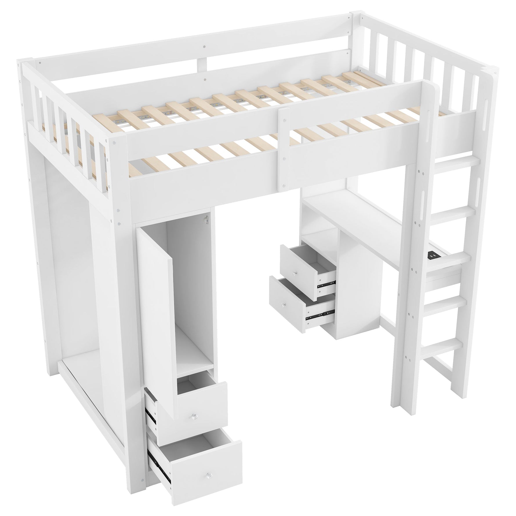 Loft Bed with Desk, Wardrobe, 4 Drawers, LED and USB, 90x200cm, White