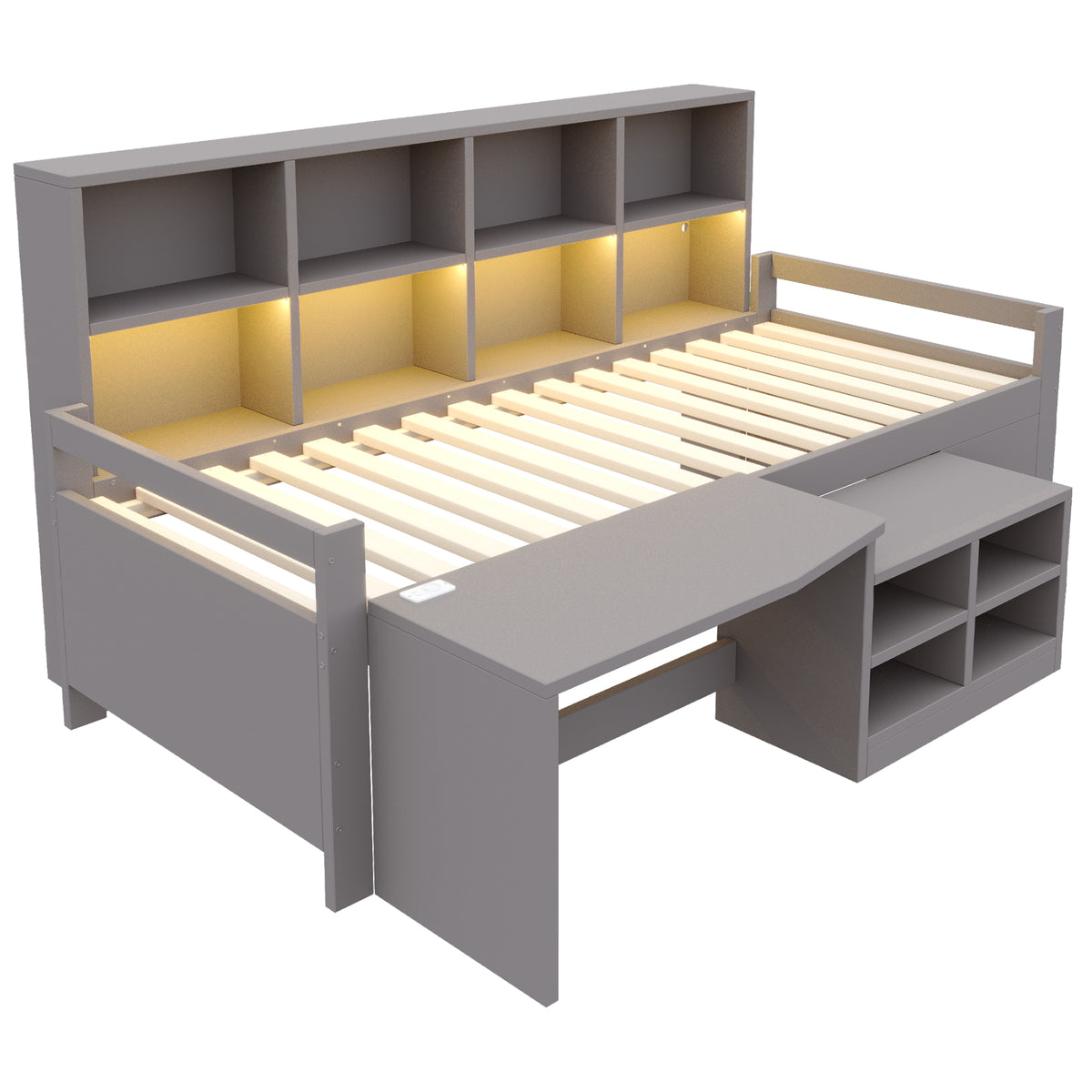 Children's Bed 90x200cm with Desk & LED Light, Solid Wood, Grey