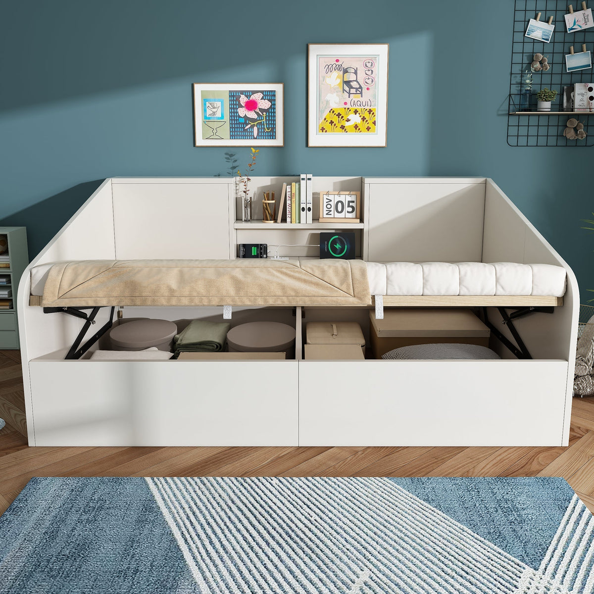 Daybed 90x200cm Hydraulic Storage USB/Type-C Charging - White Wood