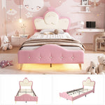 Upholstered Children's Bed with Crown Headboard, LED Strip, PU, Pink + White
