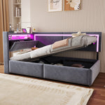Upholstered Sofa Bed 90x200 cm with LED Lighting, USB Ports and Hydraulic Storage, Dark Grey Velvet