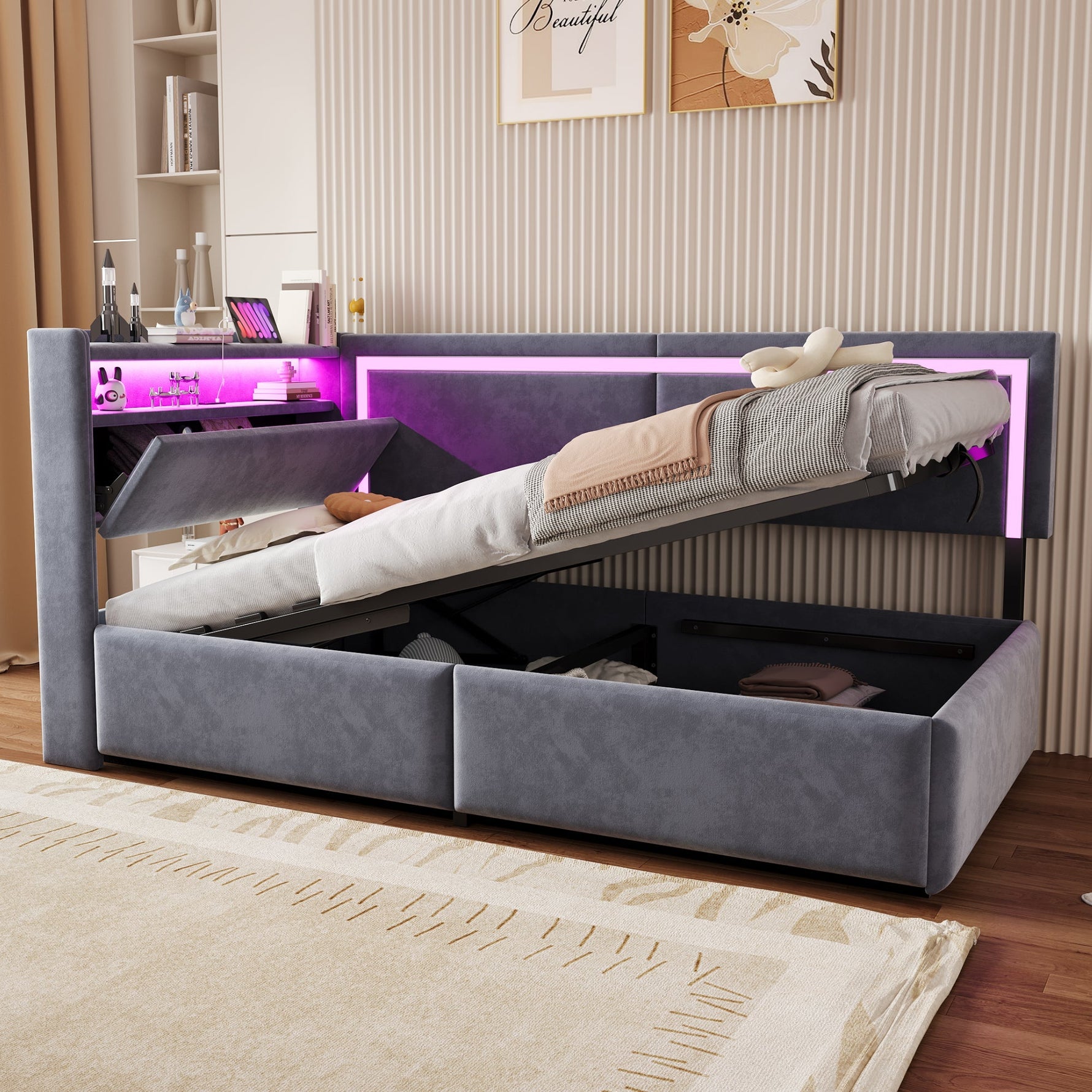 Upholstered Sofa Bed 90x200 cm with LED Lighting, USB Ports and Hydraulic Storage, Dark Grey Velvet