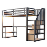 Metal Loft Bed with LED, Socket, Storage Ladder, Shelves and Desk, 90x200cm, Black Metal