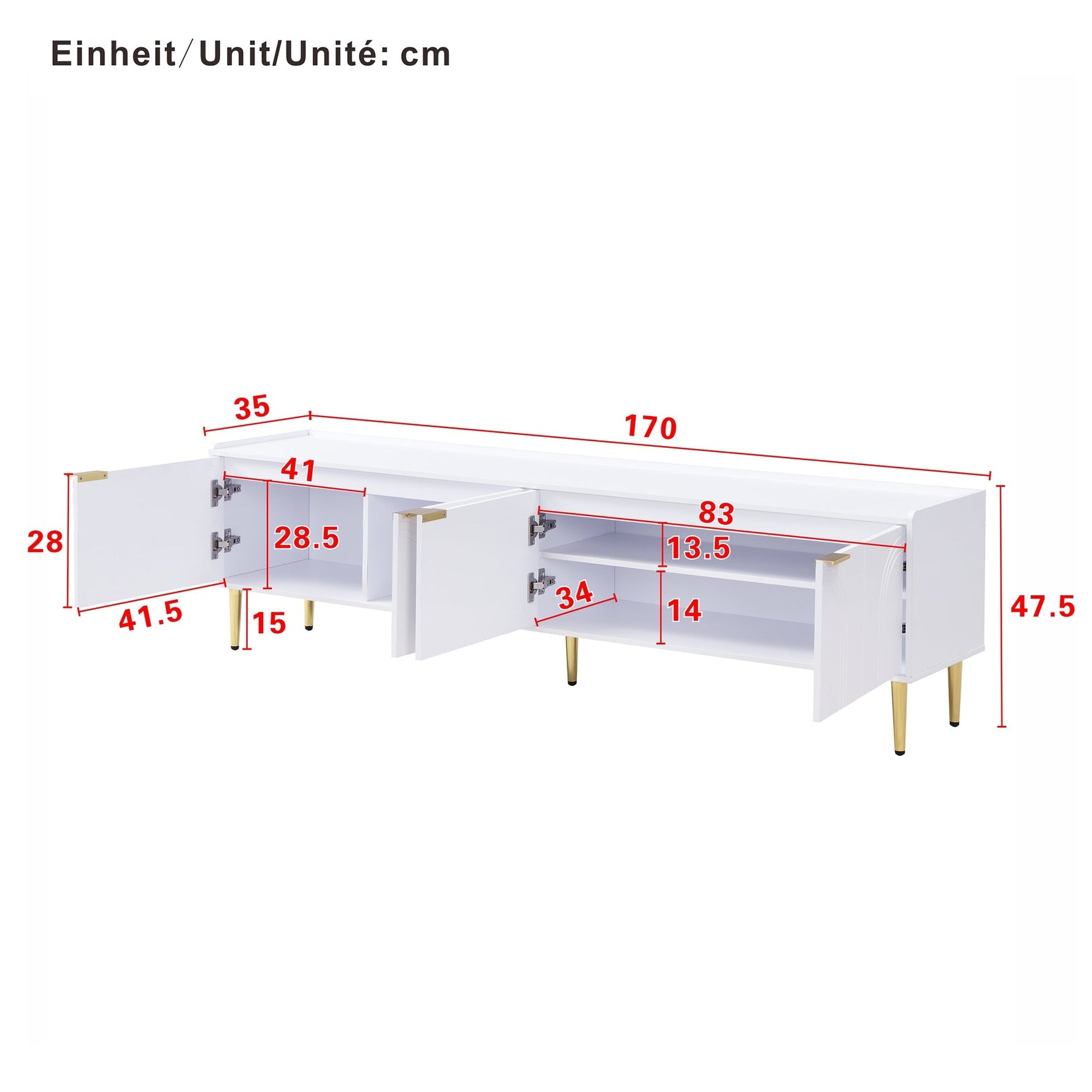 TV Cabinet Lowboard 170cm Textured Door Gold Handles/Feet