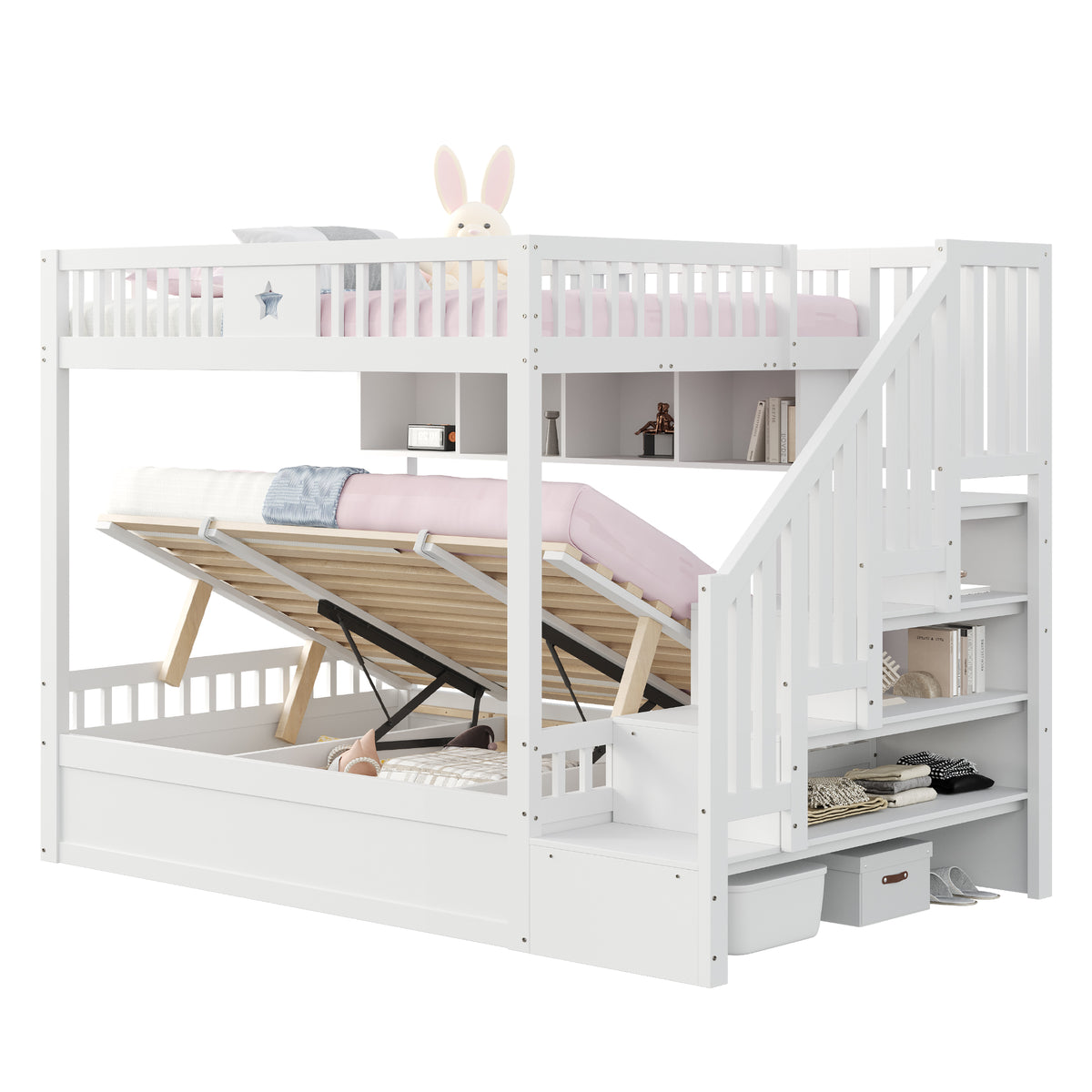 Wooden Bunk Bed 140x200cm with Hydraulic Storage & Stairs, White