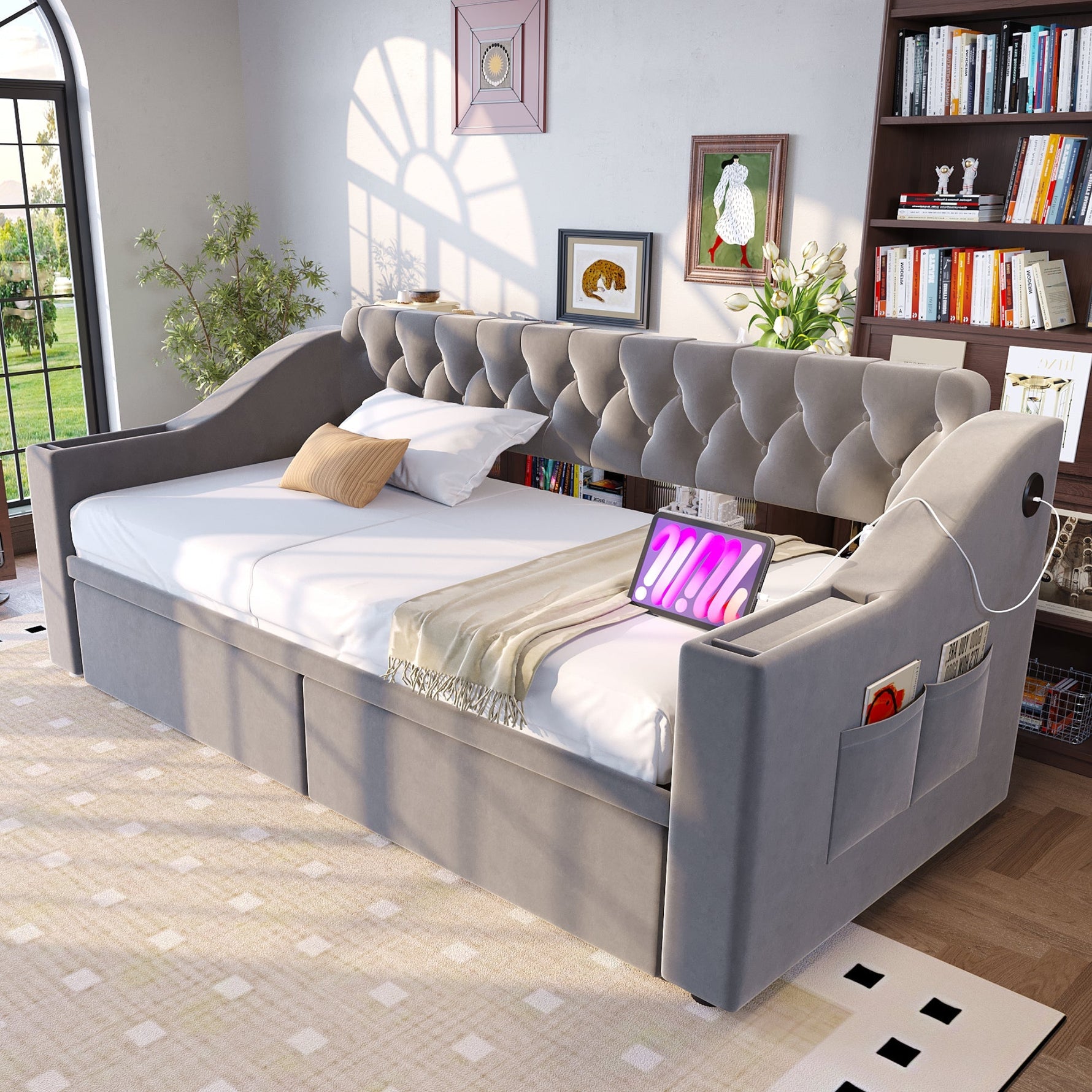 Upholstered Sofa Bed 90x190cm USB Charging Armrest Storage Drawer Light Grey Velvet