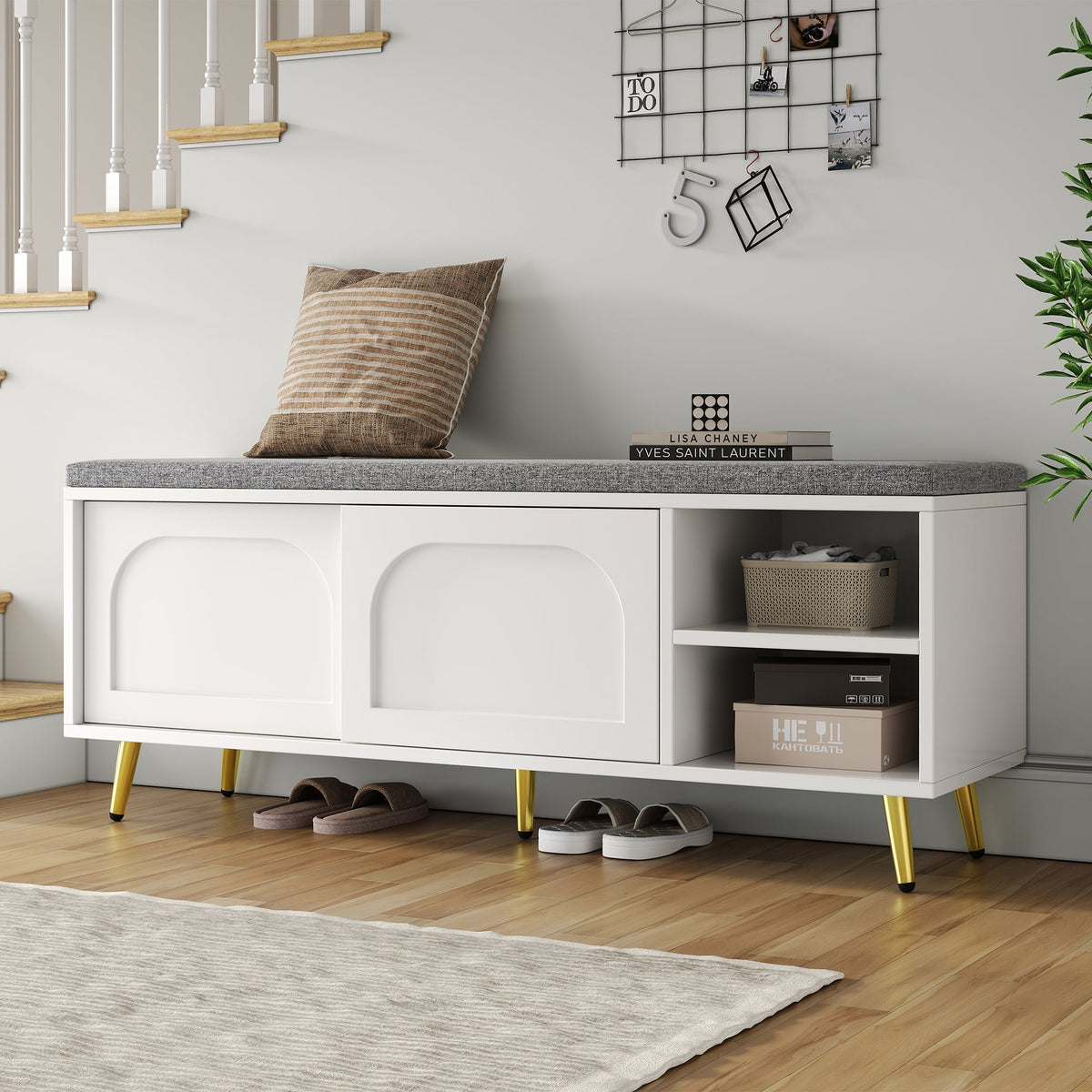 Shoe Bench Storage with Seat Cushion - White