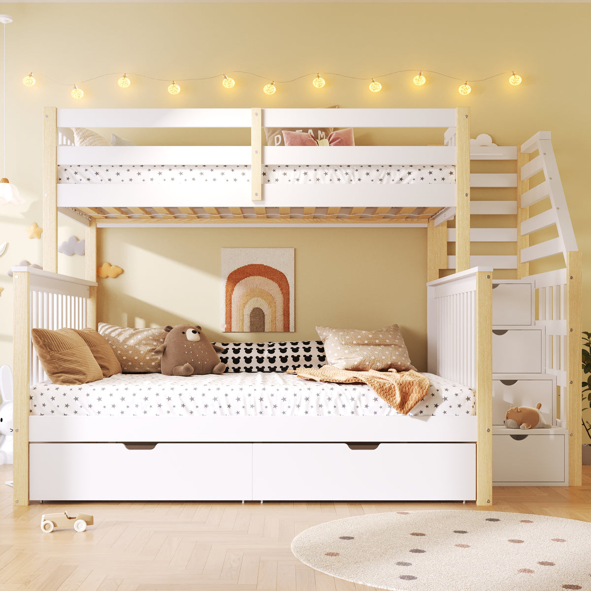 Iron Bunk Bed with Ladder & Storage, 120x200cm, Black Iron & MDF