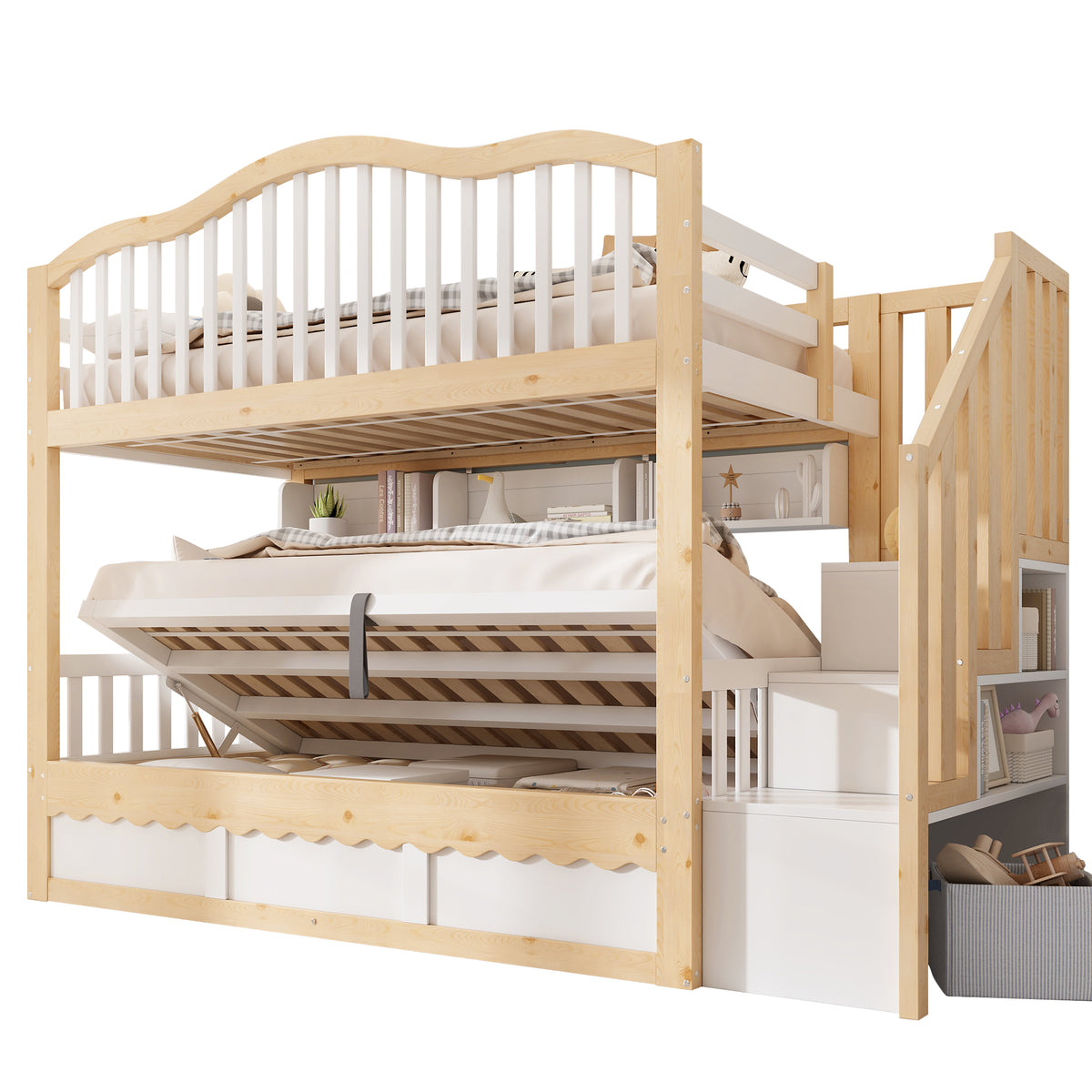 Children's Bunk Bed 90x200 with Storage & Stairs, White & Oak