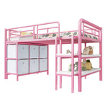 Children's Loft Bed with Metal Frame, Storage Drawers and Shelves, Pink