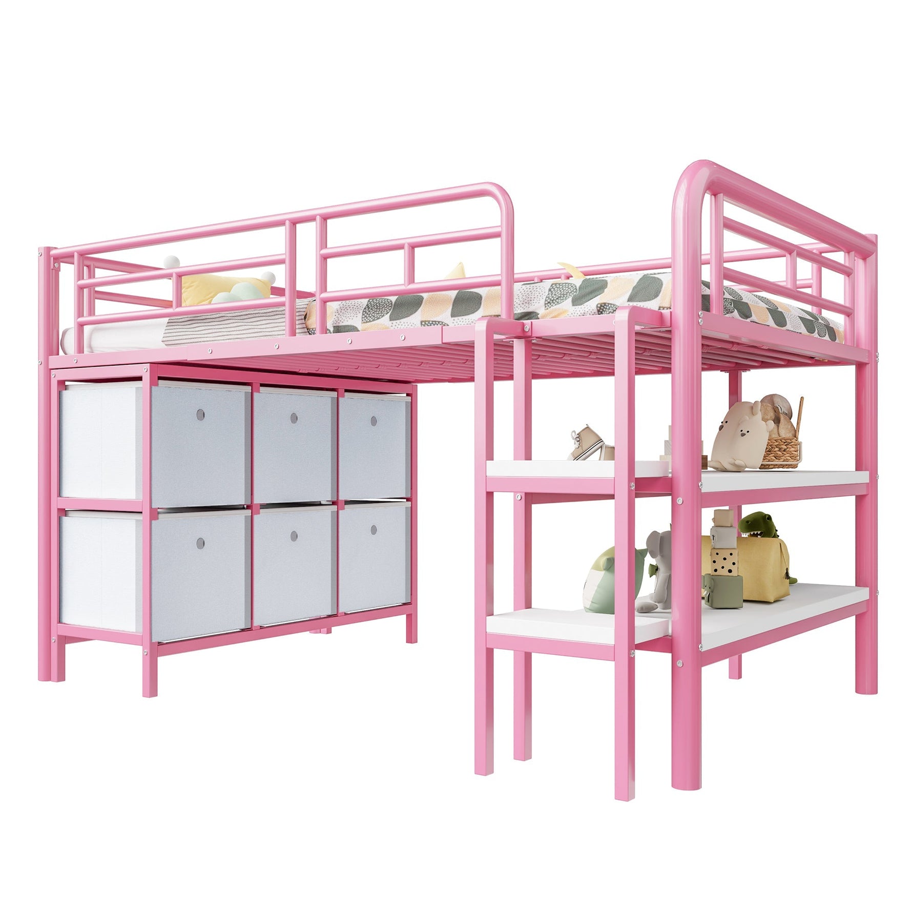 Children's Loft Bed with Metal Frame, Storage Drawers and Shelves, Pink