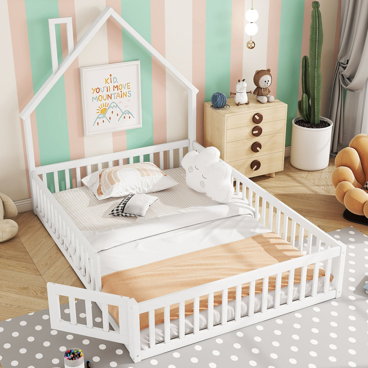 Children's House Bed 140x200cm Chimney Shape Slatted Base Pine Wood White