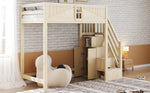 Solid Wood Loft Bed 90 x 200 cm with Safety Door and Storage Ladder, Wood Color