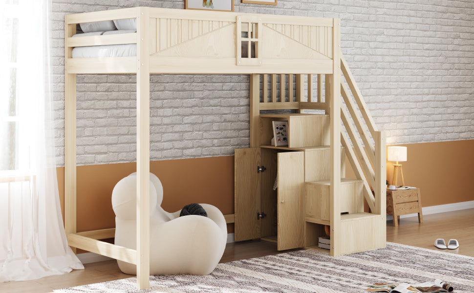 Solid Wood Loft Bed 90 x 200 cm with Safety Door and Storage Ladder, Wood Color