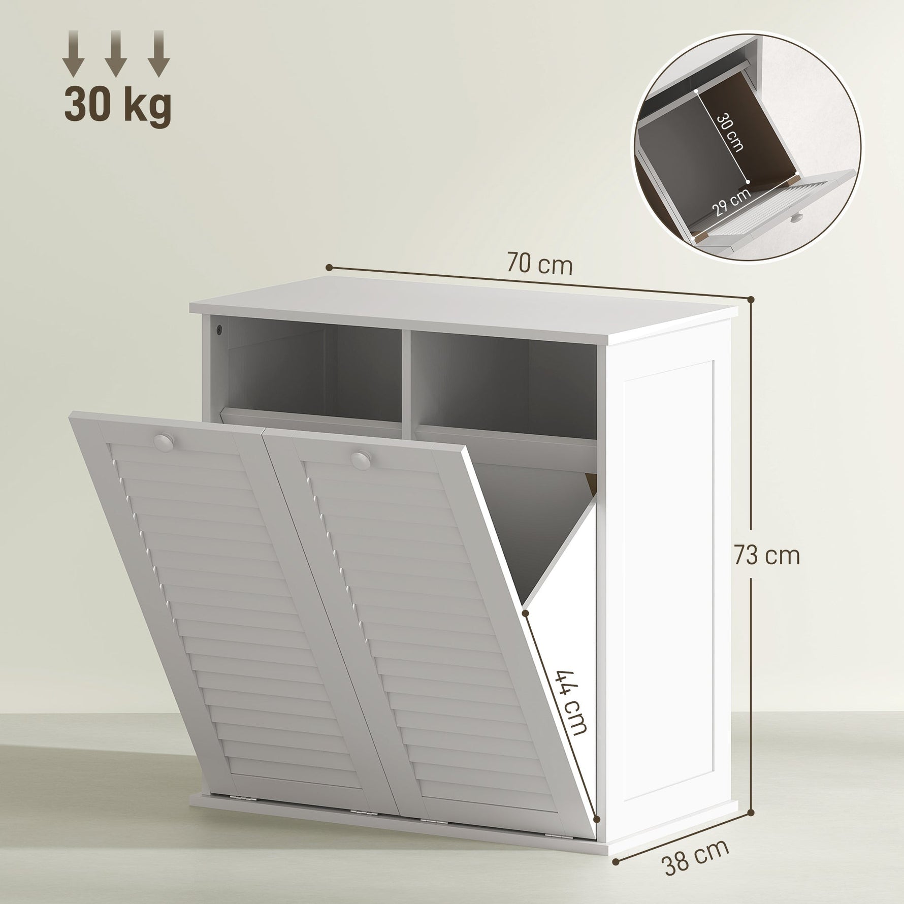 Laundry Cabinet, 2 Baskets, Louvered Doors, White