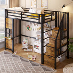 Loft Bed 90x200cm with Storage Ladder & Railing, Black Iron