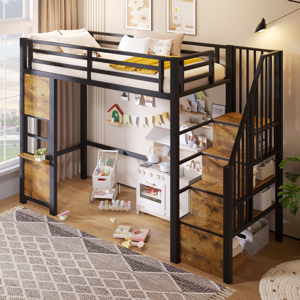 Loft Bed 90x200cm with Storage Ladder & Railing, Black Iron