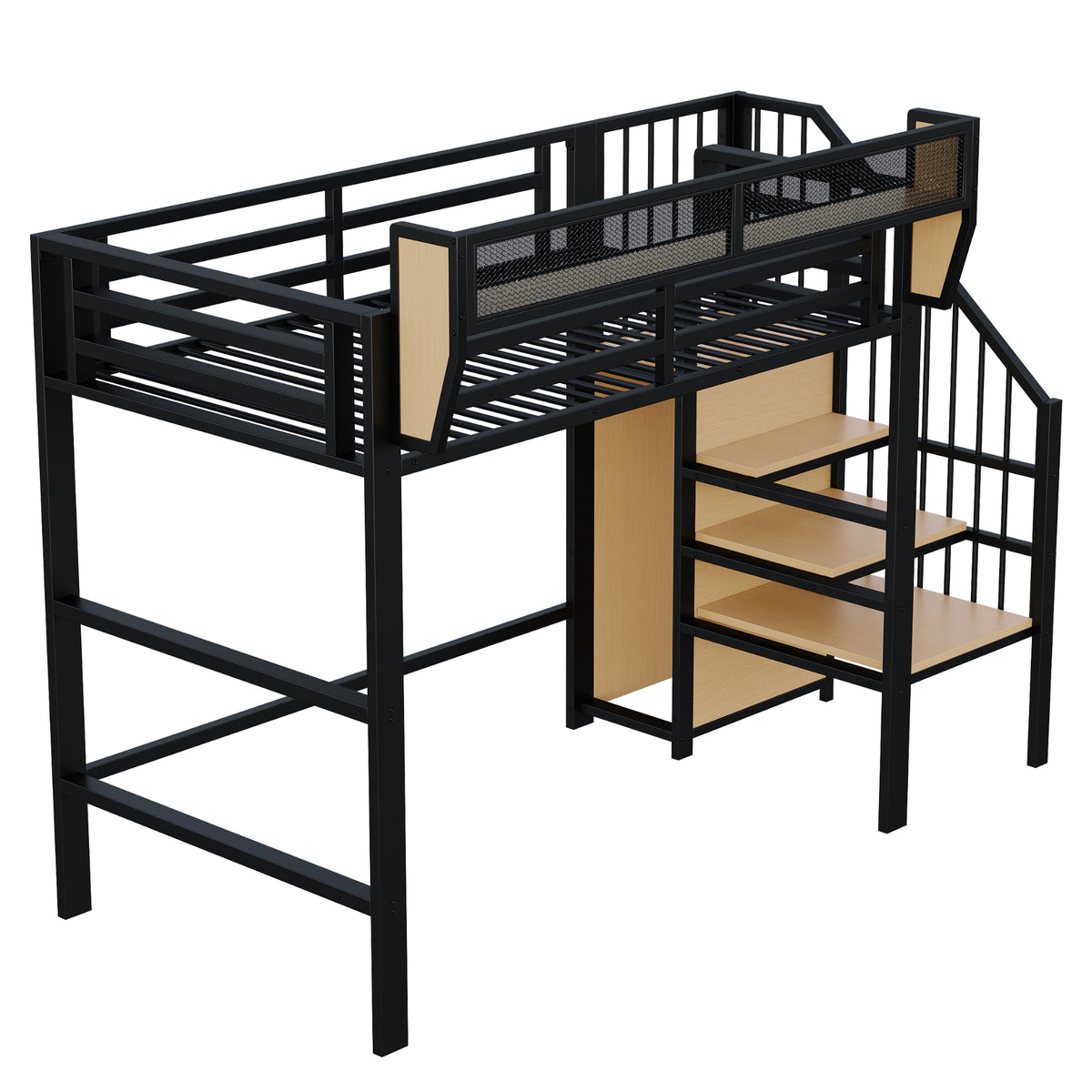 Loft Bed 90x200 with Safety Ladder & Storage, White Metal
