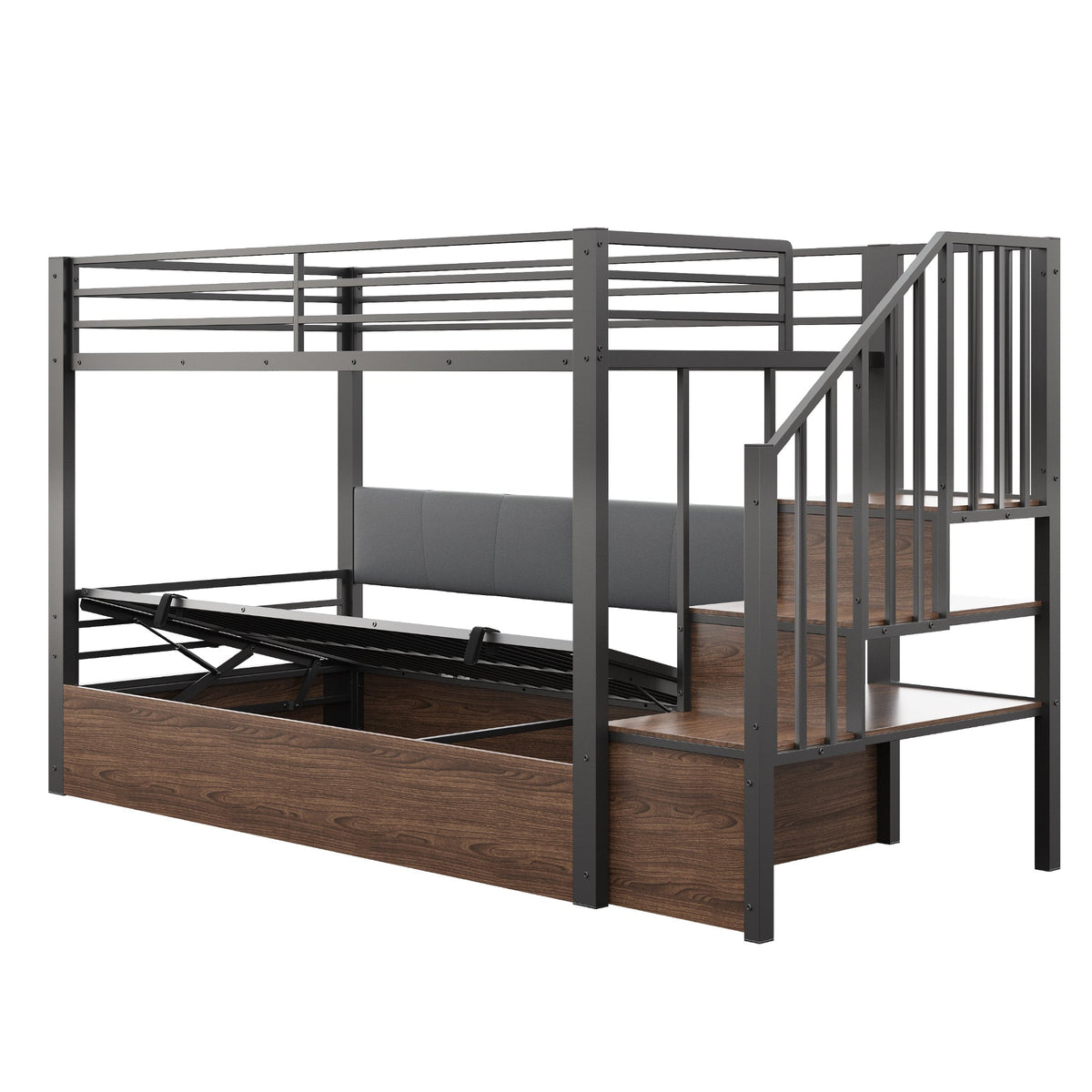 Iron Loft Bed with Hydraulic Function, Padded Backrest and Safety Ladder, 90x200cm, Black PU