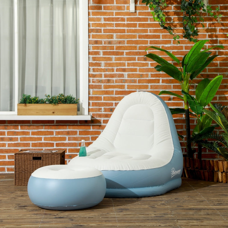 Inflatable Sofa with Footstool and Cup Holder, Air Sofa for Camping and Home, white