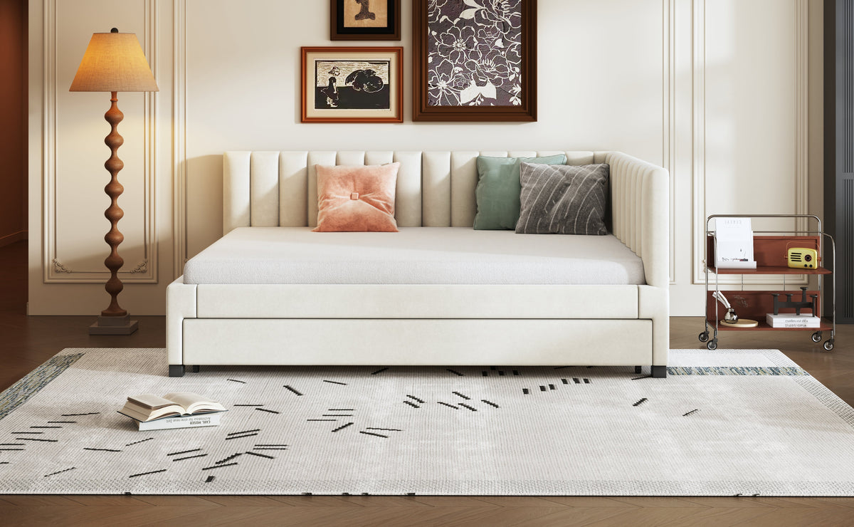 Upholstered Bed 140*200, Pull-Out Sofa Bed with Slatted Frame, Velvet Fabric Beige