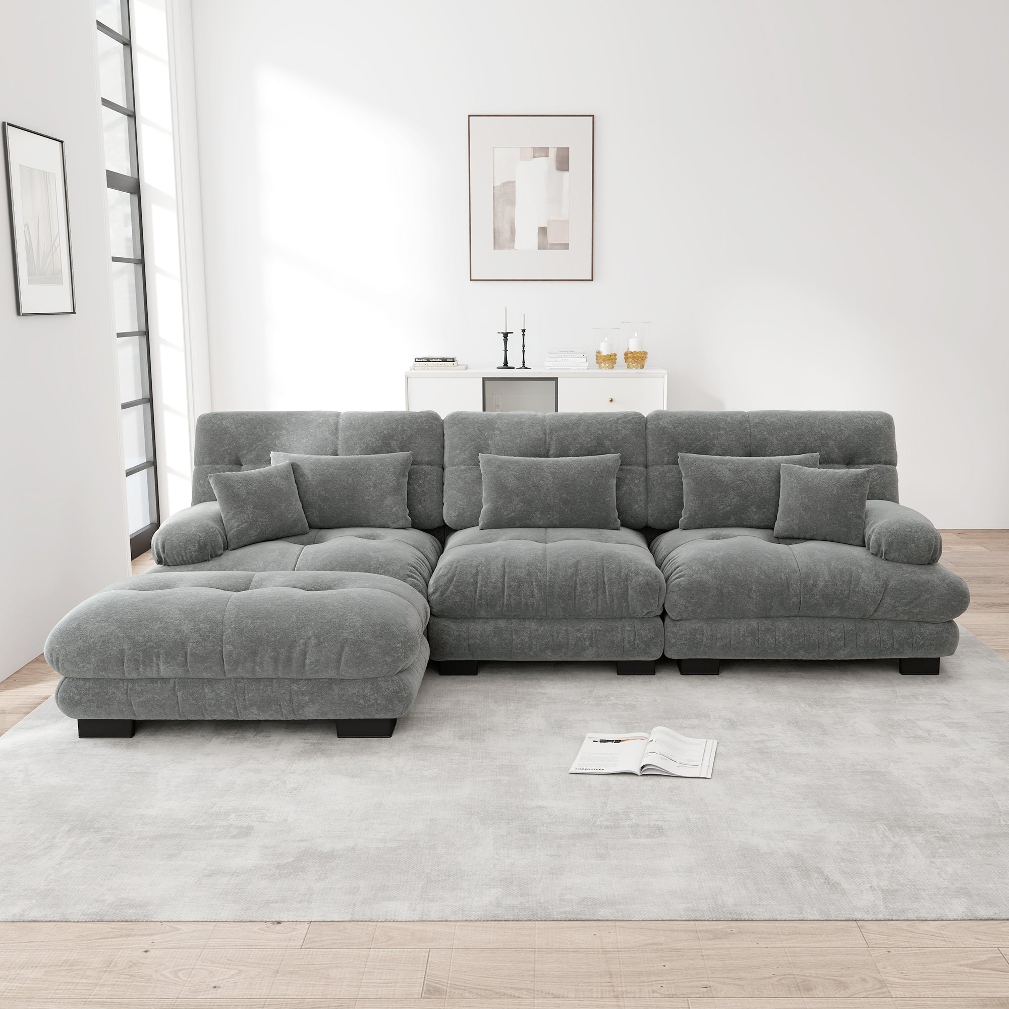 Luxury Modular Corner Sofa - Oversized L-shaped Cloud Couch with Ottoman, Chenille Grey