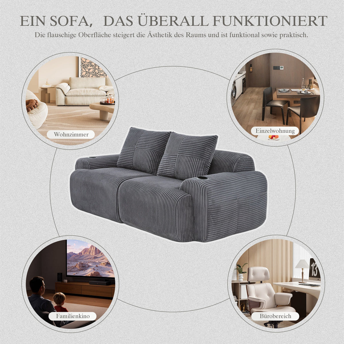 Modular Corduroy 2-Seater Sofa with Cup Holder and Storage Pocket, Dark Grey