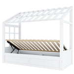 Country Style Children's Bed 90x200cm with Roof & Storage, White