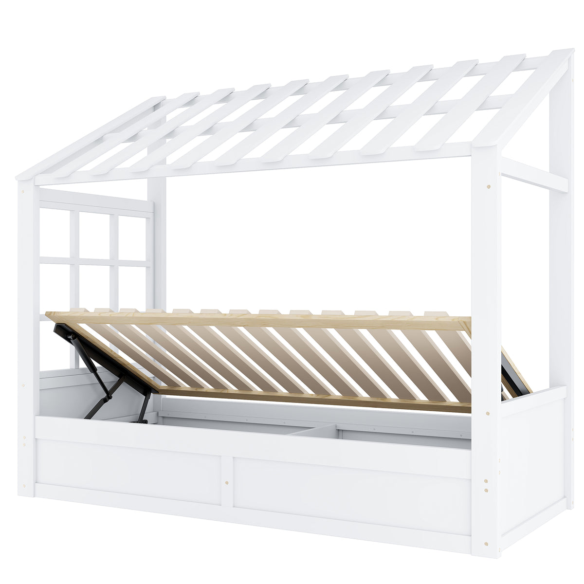 Country Style Children's Bed 90x200cm with Roof & Storage, White
