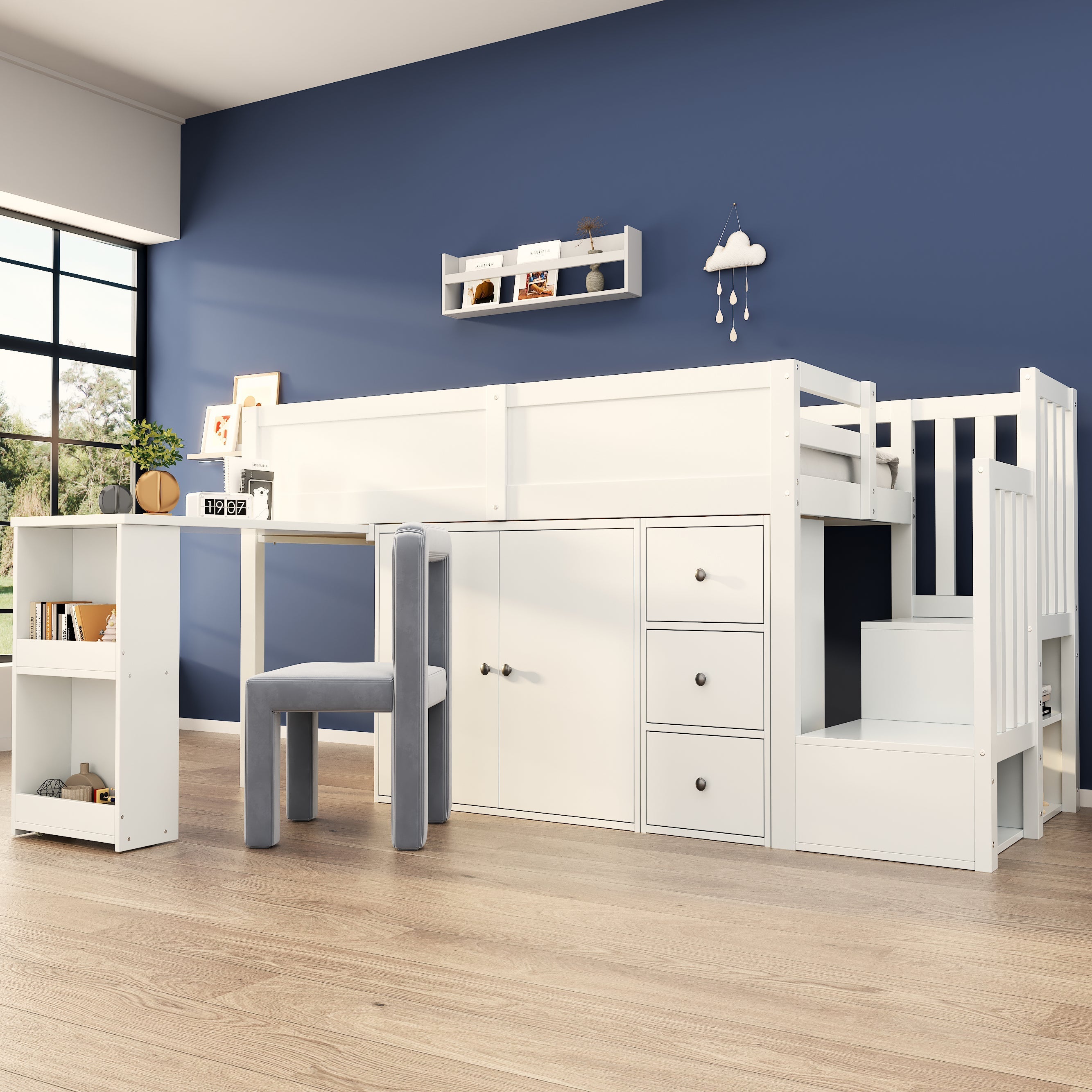 Multifunctional Children's Loft Bed with Desk, Wardrobe and Storage Stairs, White MDF