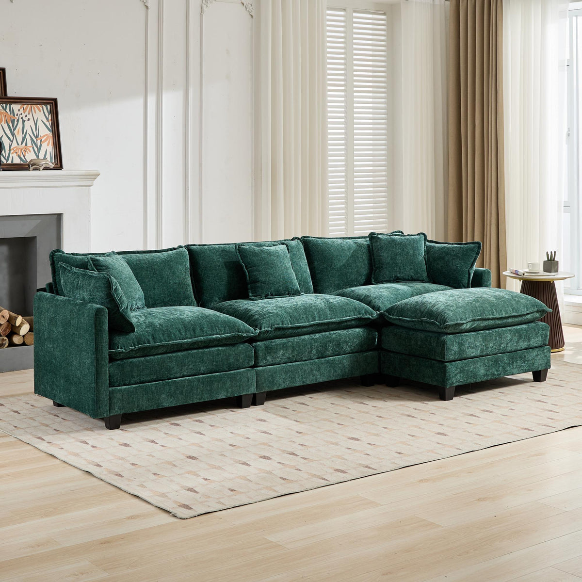 Cloud Sofa 3-Seat Sectional Couch with Double Layer Upholstered Cushion, Green Chenille Fabric