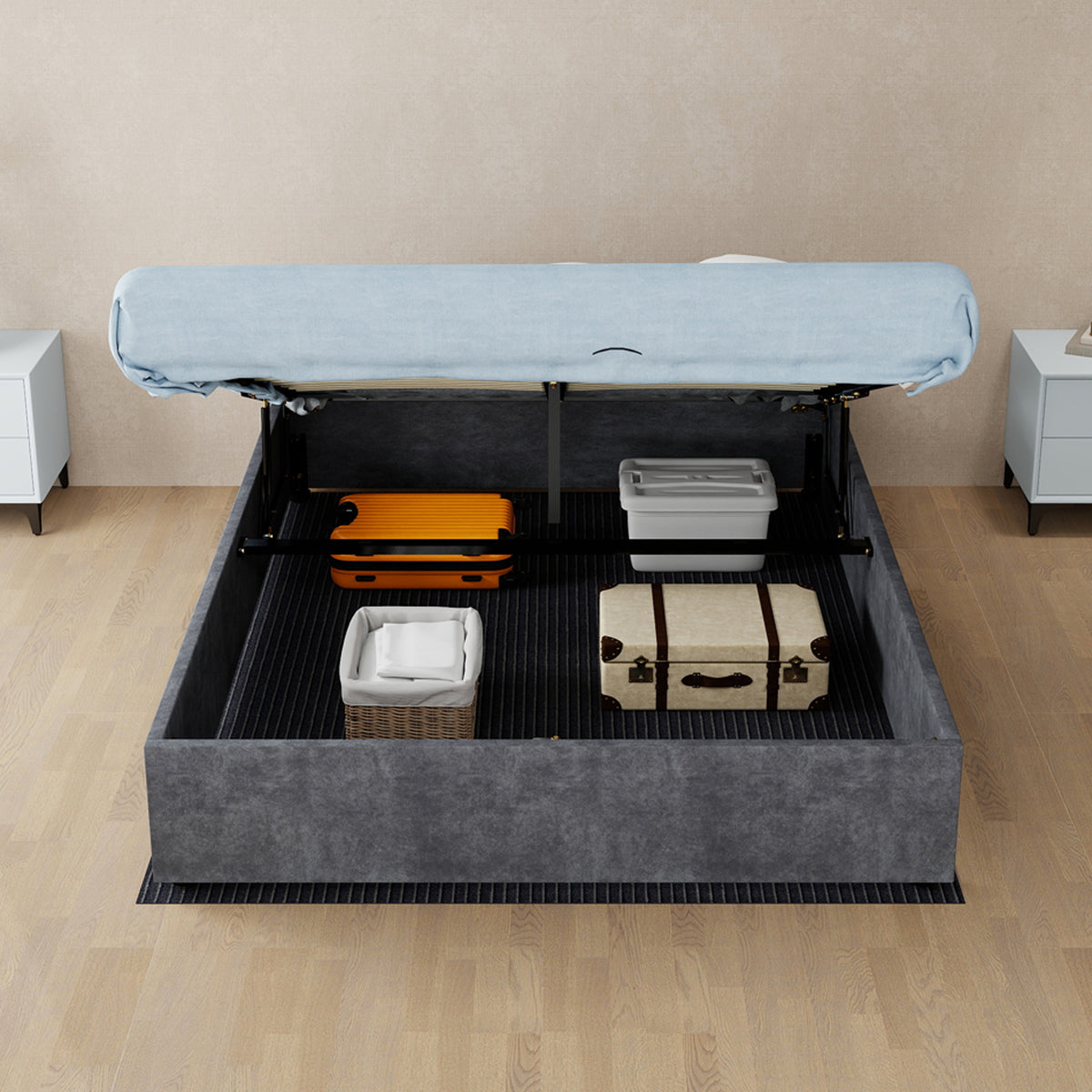 Bed Frame 140x200cm with Gas Lift & Mattress, Grey Dutch Velvet