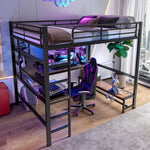 Loft Bed with Desk, USB Sockets, LED Strip and Pegboard, Black Metal Frame
