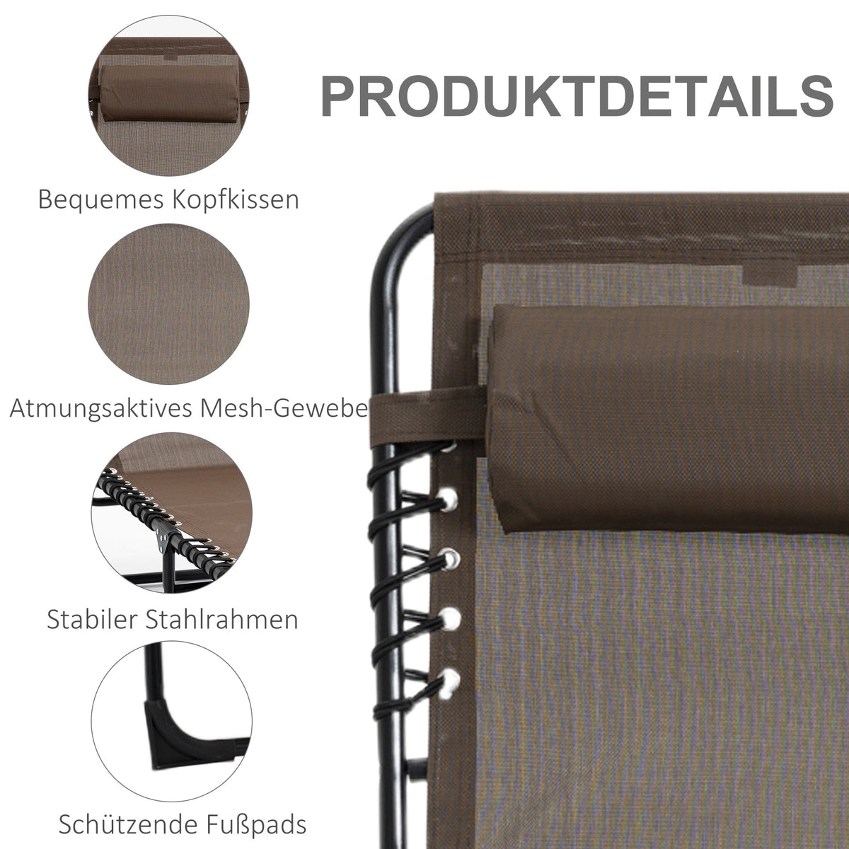 Folding Sun Lounger with Headrest & 5-Position Adjustable Backrest, Brown