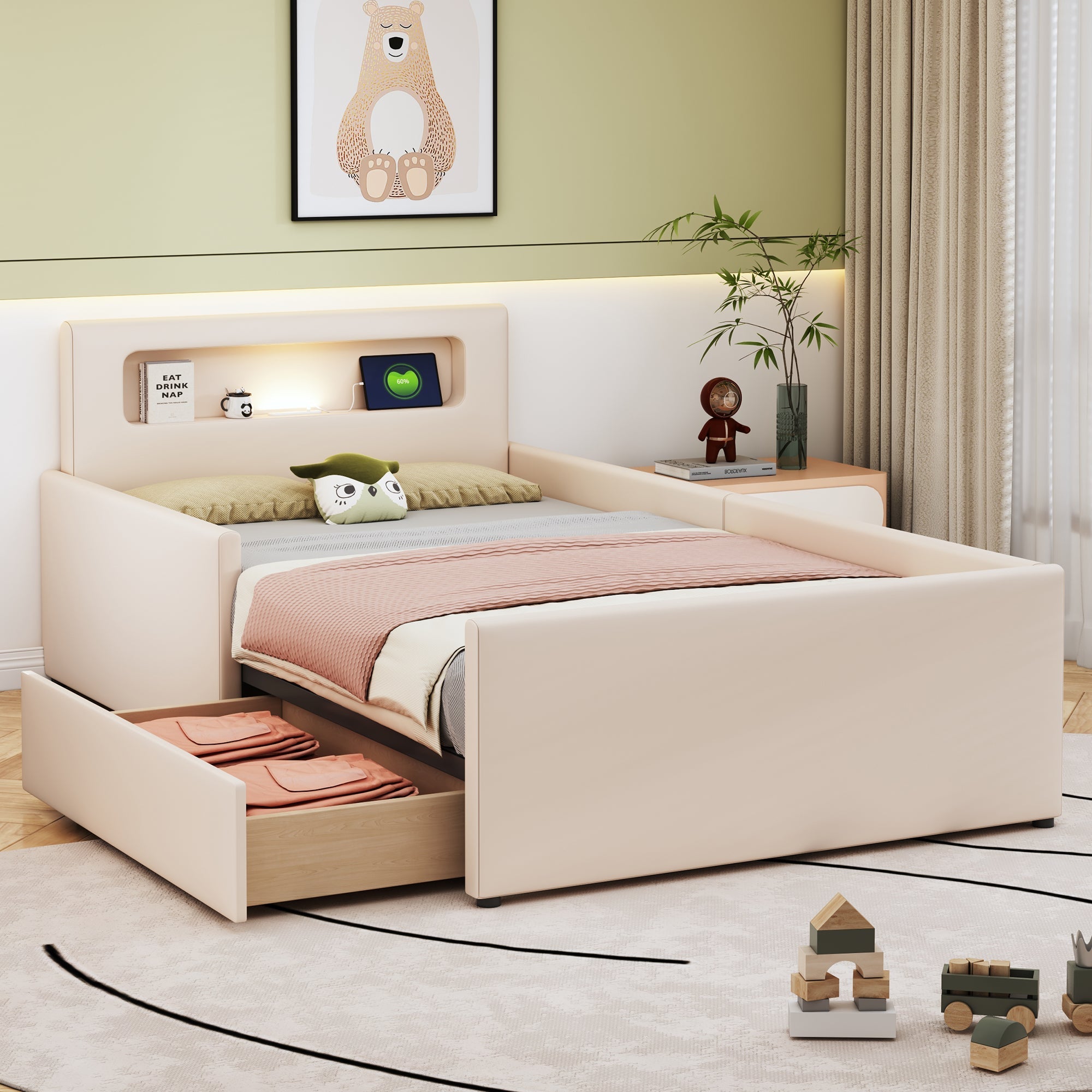 Upholstered Children's Bed 90x200cm Night Light USB Storage Safety Faux Leather Beige