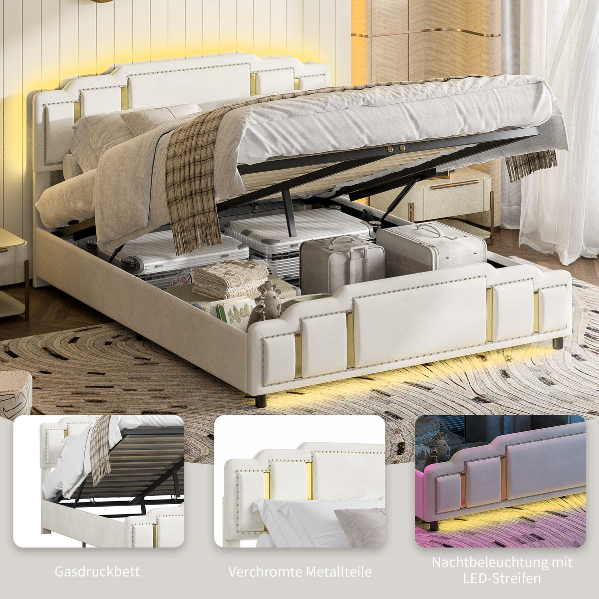 Hydraulic Double Bed 160x200cm with Headboard, Beige Velvet