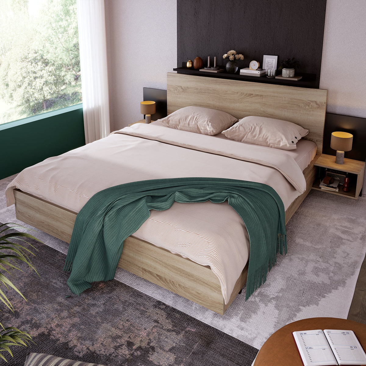 Double Bed Frame Set 160x200cm Modern 2 Bedside Tables, Sonoma Oak/Dark Grey Wood