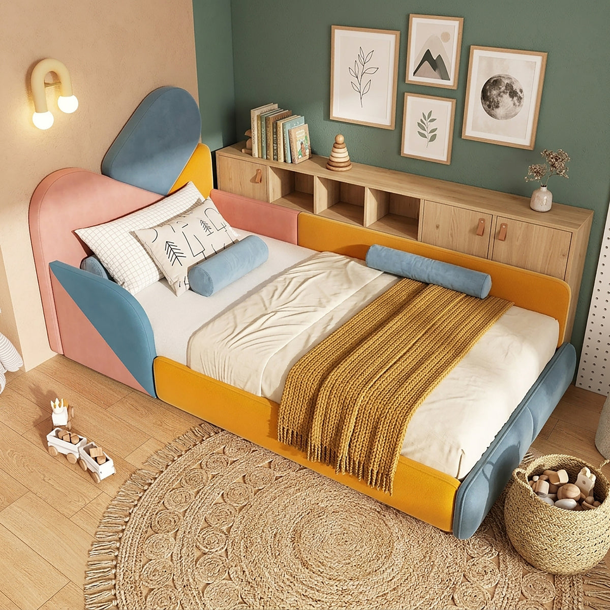 Children's Upholstered Bed 90x200cm with Fall Protection, Multicolour
