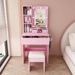 Small Vanity Set with LED Mirror, Storage & Stool, Pink