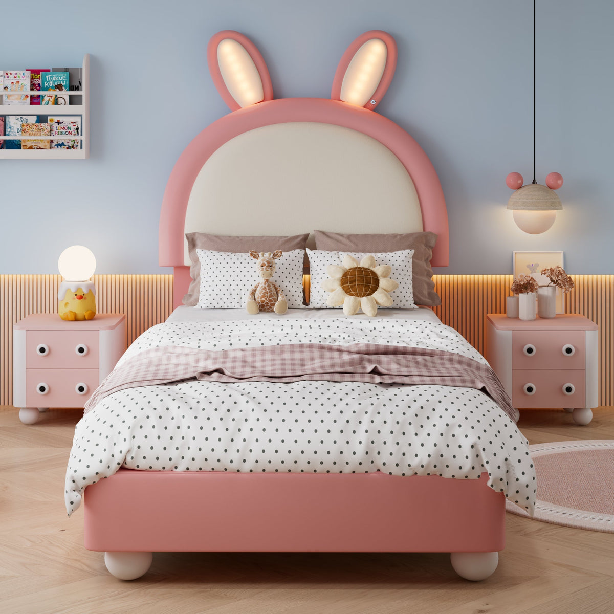Upholstered Single Bed with Rabbit-Shaped Headboard and LED Light Strip, 90x200cm, Pink and White PU + Plywood