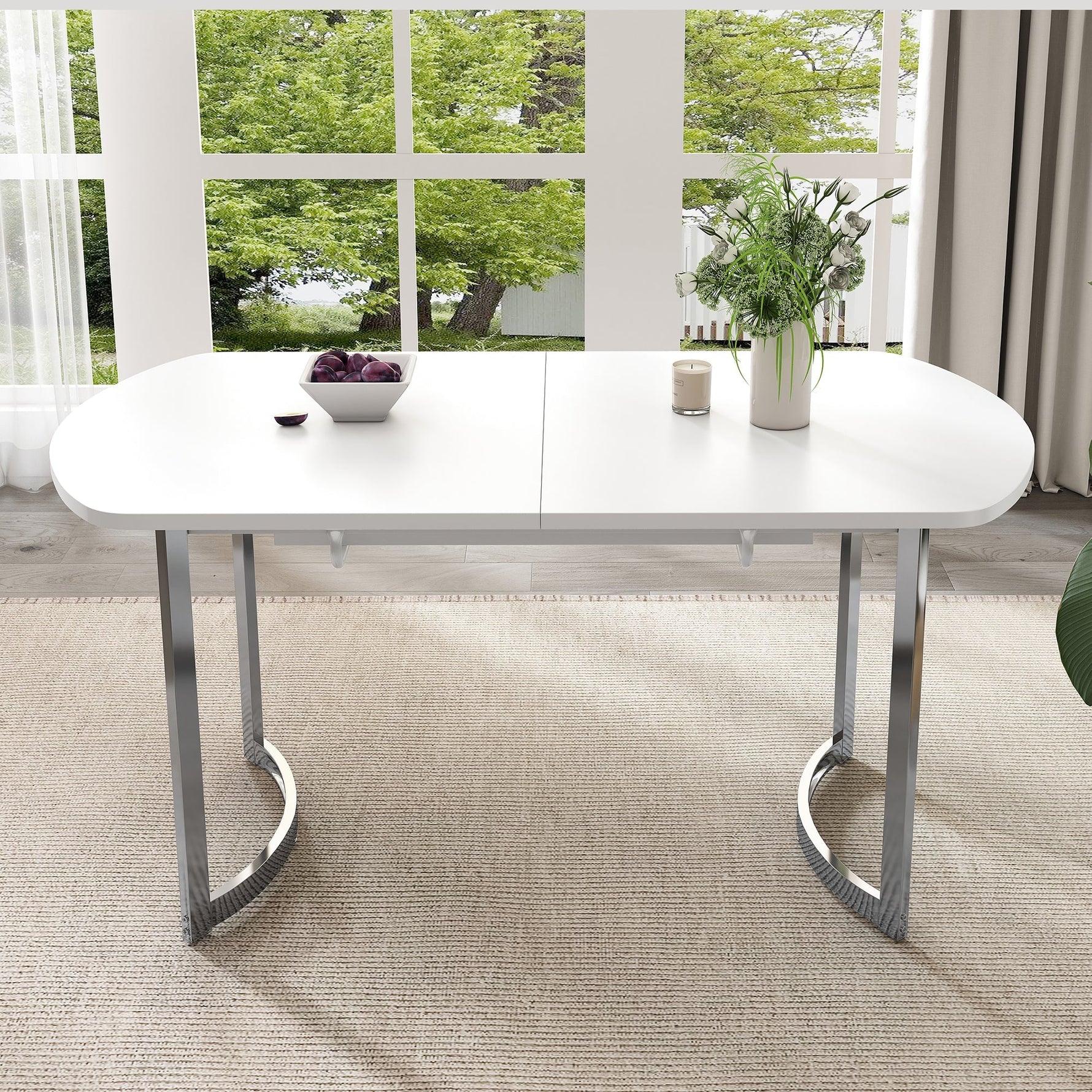 Extendable Dining Table 140/180x80cm 4-6 Seater Modern Silver Metal Legs - White