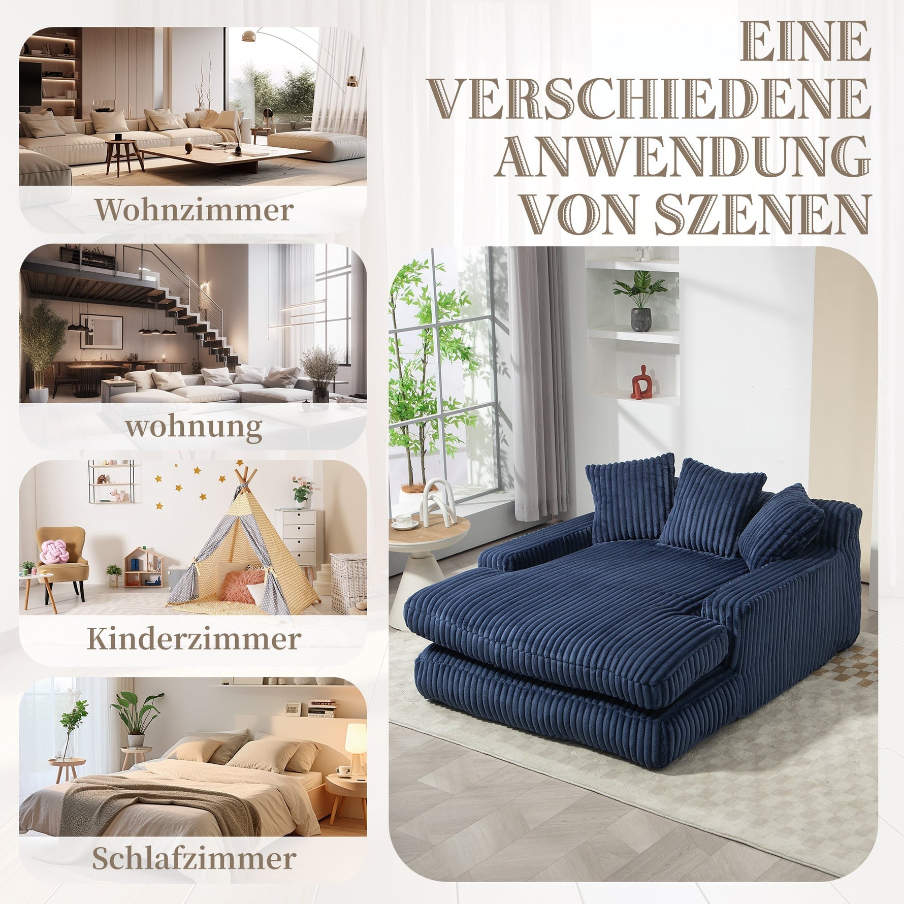 Sofa Bed, Cloud Couch with 3 Soft Pillows, Single Seat, Corduroy Navy Blue